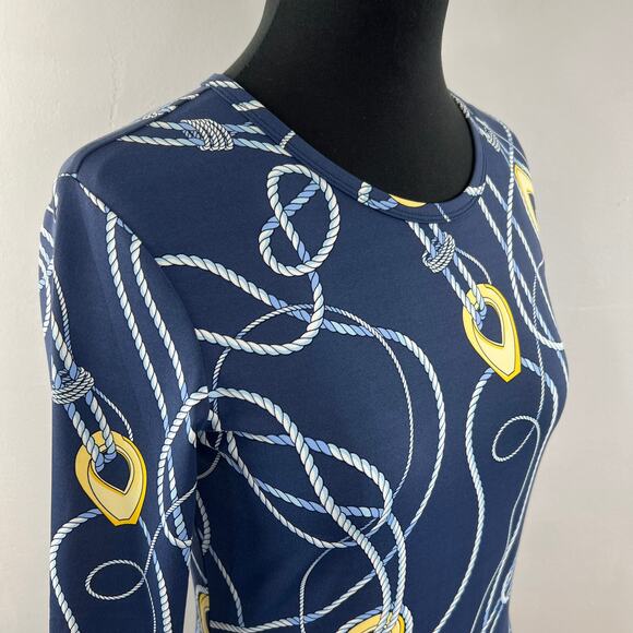 J. McLaughlin 3/4 Sleeve Top Blue Yellow Print Knot Round Neckline Stretch Sz XS - Picture 6 of 10